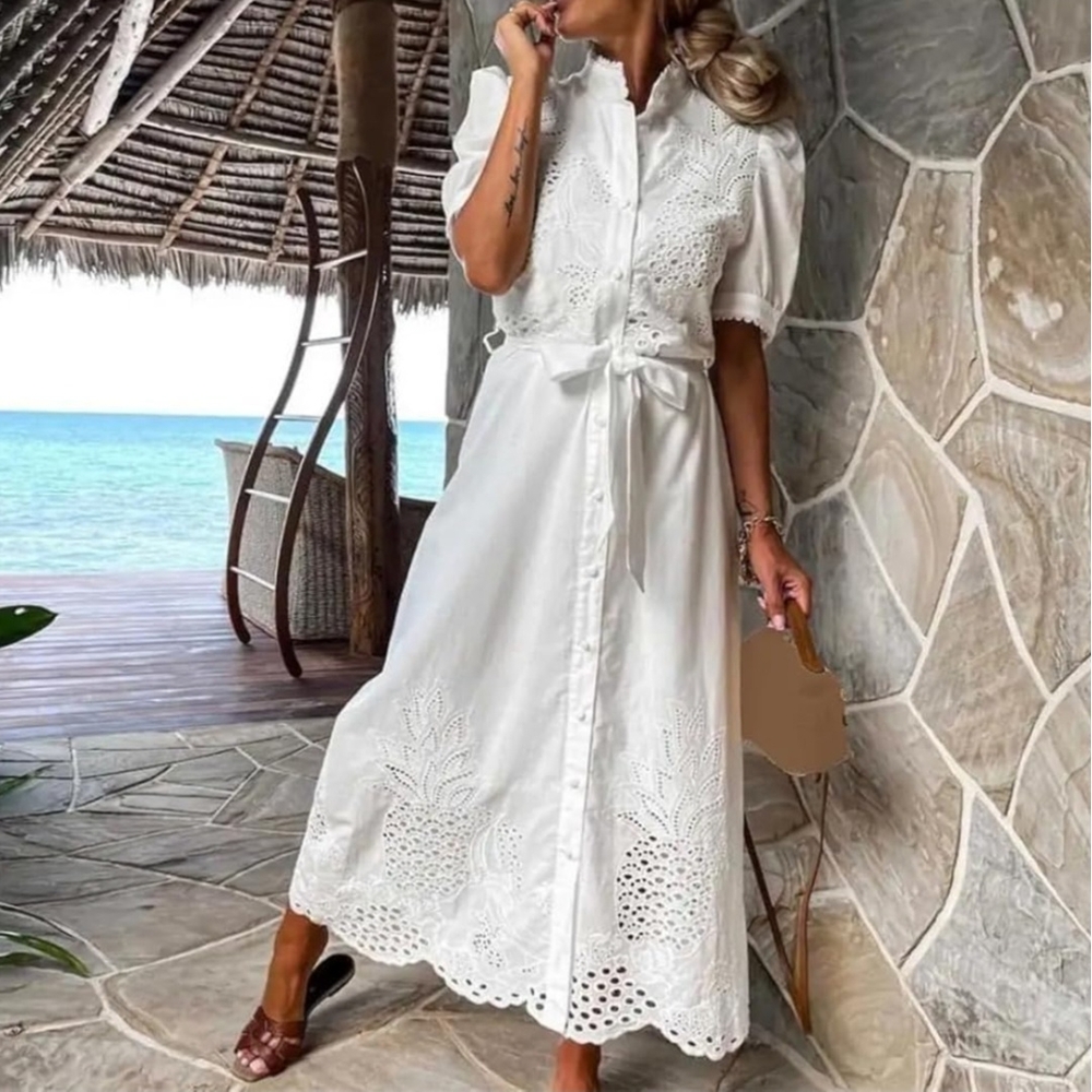 Elegant White Eyelet Midi Dress